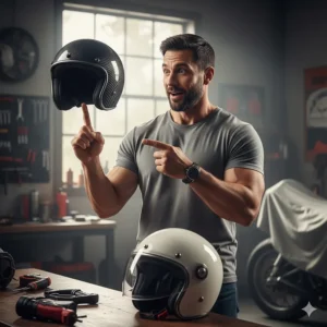 Rider holding a carbon motorcycle helmet, demonstrating its remarkably lightweight quality compared to a standard helmet.
