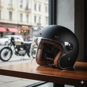 Lightweight half motorcycle helmet style, a comfortable and airy choice for urban commuting and city riding.