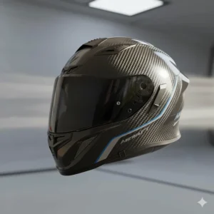 Sleek side profile of a high-performance lightweight motorcycle helmet, designed for optimal aerodynamics and stability at speed.