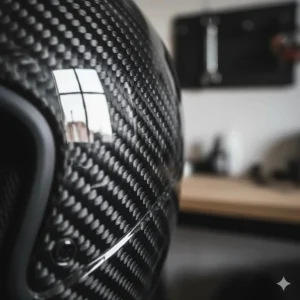 Close-up of the durable carbon fiber shell material, the key to creating a truly lightweight motorcycle helmet.