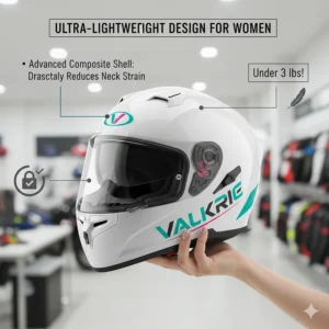 A female hand holding an example of a lightweight women's full-face motorcycle helmet, emphasizing reduced neck strain.