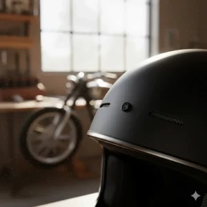Detail shot of the discreet, adjustable ventilation ports on the shell of the low profile motorcycle helmet for airflow.