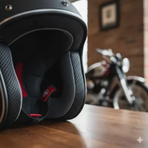 Close-up of the plush, moisture-wicking comfort liner inside a low profile motorcycle helmet for long-ride comfort.