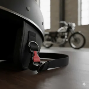 Image of the quick-release micrometric buckle system on a low profile motorcycle helmet for easy on and off.