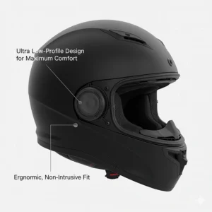 Side view of ultra low-profile motorcycle helmet speakers designed for maximum comfort on long rides.