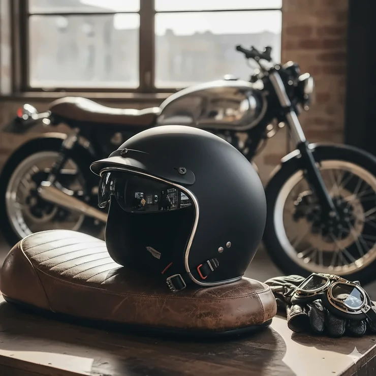 Low profile motorcycle helmet in matte black finish, designed for a comfortable, snug fit that avoids the 'mushroom look'.