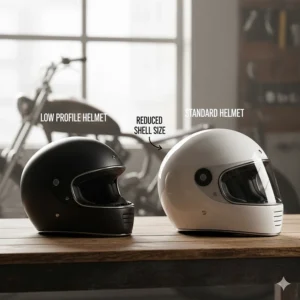 Side-by-side comparison showing the reduced shell size of a low profile motorcycle helmet versus a standard DOT-approved helmet.