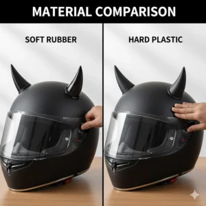 Side-by-side view comparing flexible silicone and hard plastic motorcycle helmet horns materials.