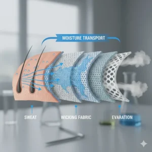 Diagram illustrating how the moisture-wicking fabric in the cooling helmet liner pulls sweat away from the skin.