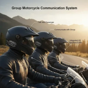 Riders using a motorcycle communication system with integrated helmet speakers to talk with their passenger or group.