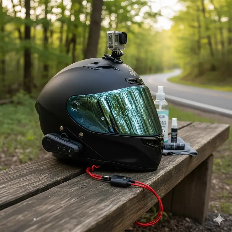 A motorcycle helmet equipped with essential accessories like a Bluetooth communicator and tinted visor