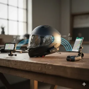 Diagram illustrating the bluetooth connectivity between a motorcycle helmet, a smartphone, and a GPS device.