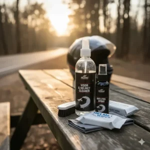 Essential kit for maintaining motorcycle helmet accessories, including visor cleaner and anti-fog spray