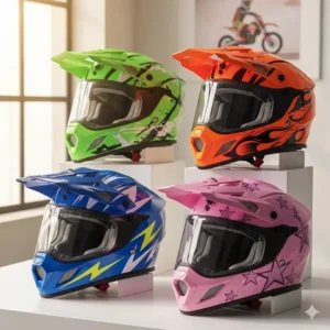 Various bright color and graphic design options available for a youth motorcycle helmet, appealing to younger riders.