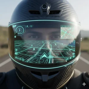 A visual representation of turn-by-turn GPS navigation being projected inside a smart motorcycle helmet.