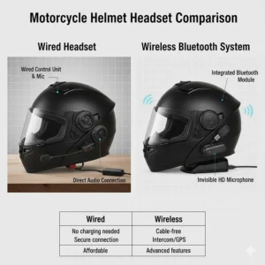 Comparison chart of different motorcycle helmet headset types, including wired and wireless models.