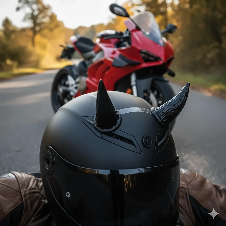 High-quality close-up of motorcycle helmet horns in matte black, showcasing how they attach securely to a full-face helmet.