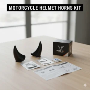 Photo of a complete motorcycle helmet horns kit, including the horns, adhesive, and installation instructions.
