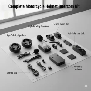 Contents of a complete motorcycle helmet intercom kit, showing the speakers, microphone, and main unit.