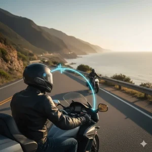 Graphic showing two riders communicating with their bluetooth motorcycle helmets over a long intercom range.