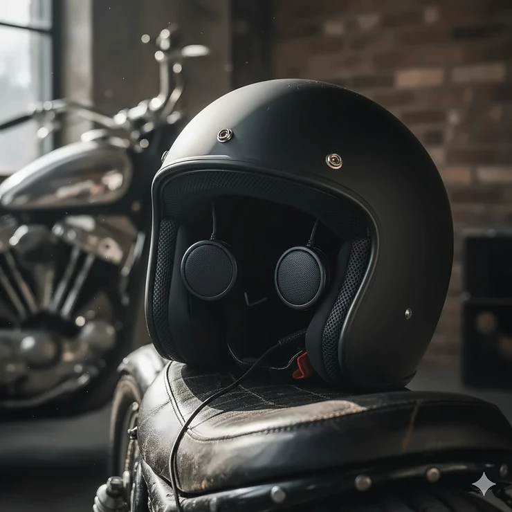 Close-up of motorcycle helmet speakers installed inside a matte black full-face helmet.