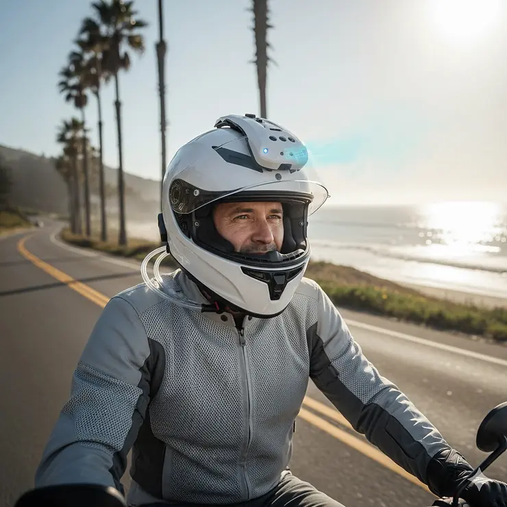 Motorcycle rider wearing a full-face helmet with an advanced helmet cooling system to keep the helmet cool in summer heat.
