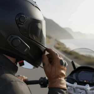 A rider easily adjusting the volume control on the side of their helmet for their motorcycle helmet speakers.
