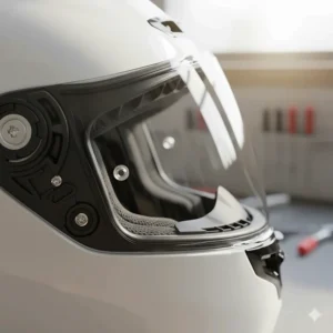 Detailed view of the motorcycle helmet visor ratchet mechanism and seals