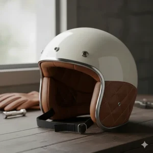 An elegant off-white, open face vintage helmet with three snaps for attaching an optional peak or shield.