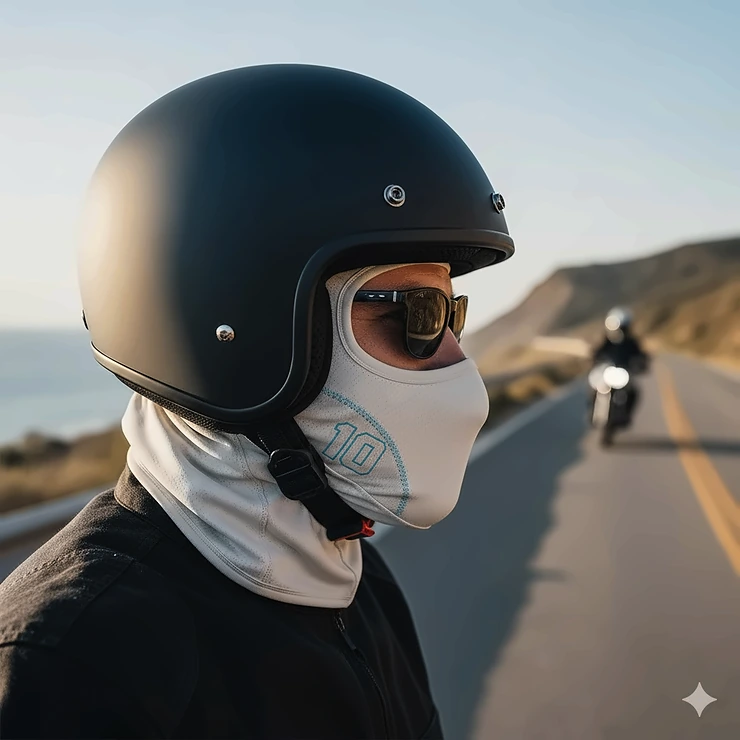 Side view of a person wearing a motorcycle helmet with the cooling helmet liner visible underneath.