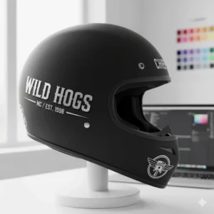 Mock-up design ideas for personalized motorcycle decals, perfect for adding your name, club logo, or number to your helmet.