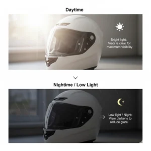 Explaining how a photochromic motorcycle helmet visor adjusts to light