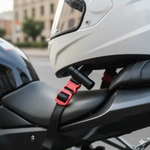 Portable pin-lock device securing a helmet through the quick-release buckle, offering quick motorcycle helmet security.