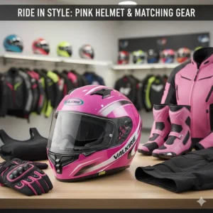 A vibrant pink women's motorcycle helmet shown with matching riding gear and gloves.