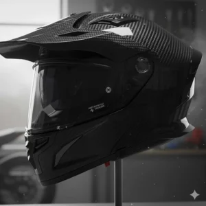 Detail of the anti-scratch visor mechanism and quick-release feature on the premium carbon motorcycle helmet.