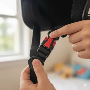 Image of a quick-release buckle system on a youth motorcycle helmet strap for easy and secure fastening.