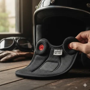 A detail shot of the removable, washable comfort liner inside a quality 3/4 motorcycle helmet.