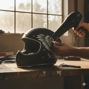 Safely heating and peeling off an old or damaged motorcycle helmet decal without damaging the helmet's finish.