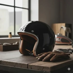 Side profile of a retro motorcycle helmet showing the low-profile shell and comfortable leather interior.