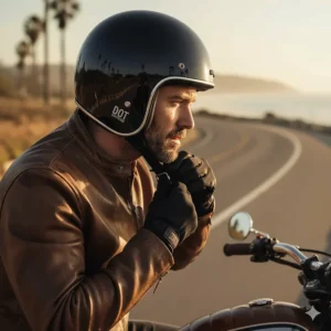 Image of a motorcyclist properly adjusting the chin strap on their new DOT motorcycle helmet to ensure a snug and safe fit.