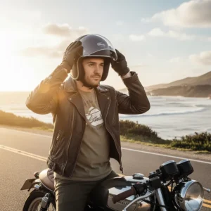A motorcyclist comfortably donning the baseball hat helmet before a ride, demonstrating its lightweight feel.
