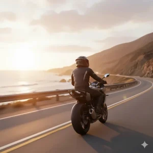 A motorcyclist on a scenic road wearing a lightweight motorcycle helmet that helps minimize neck strain on long-distance rides.