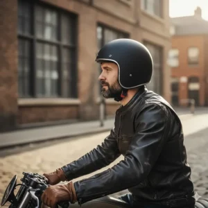 Profile view of a motorcyclist wearing a secure low profile motorcycle helmet, highlighting the minimal silhouette.