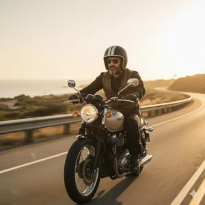 A motorcycle rider cruising on the highway while wearing a sleek, matte black motorcycle cruiser helmet.