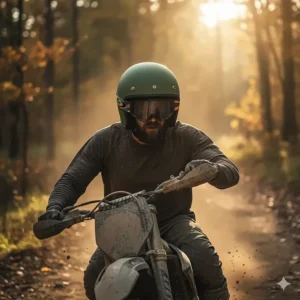 An off-road rider demonstrating the excellent goggle compatibility of a modern 3/4 motorcycle helmet.