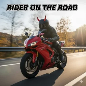 Motorcyclist on the highway wearing a helmet customized with eye-catching motorcycle helmet horns for a unique look.