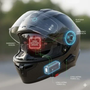 Diagram highlighting the advanced safety features of the latest smart motorcycle helmet, including crash detection and emergency SOS.