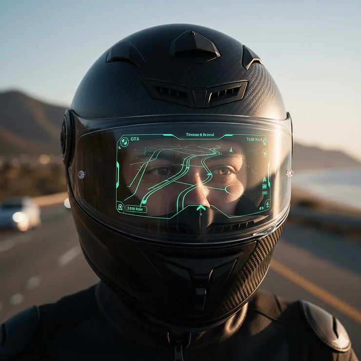 A close-up shot of a rider wearing a smart motorcycle helmet with an integrated HUD display showing navigation.
