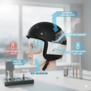 Infographic demonstrating the temperature regulating effect and superior cooling properties of the inner helmet liner.