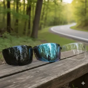 A selection of motorcycle helmet visors, including tinted, mirrored, and clear options